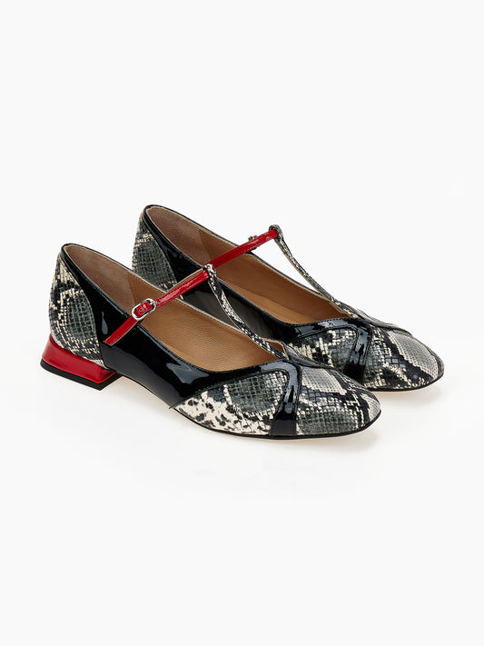 DORE | Μπαλαρίνες T-Bar Snake Print & Λουστρίνι | Μαύρο / Κόκκινο