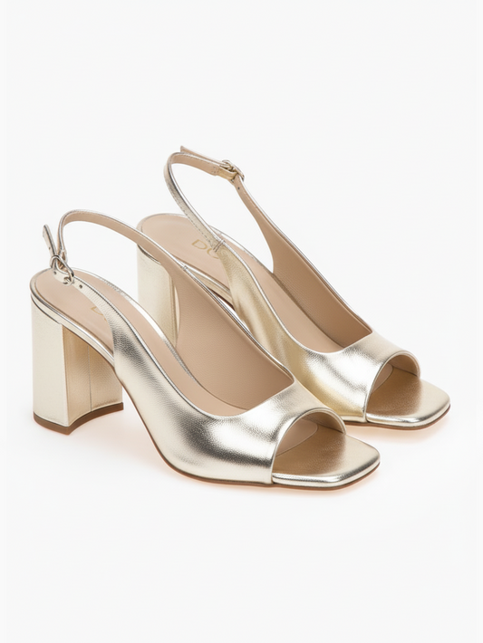 DORE | Πέδιλα Πλατίνα Παχύ Τακούνι | Δερμάτινα Παπούτσια