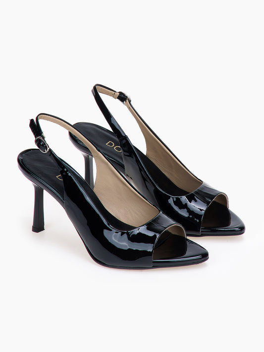 DORE | Πέδιλα Μαύρο Λουστρίνι Λεπτό Τακούνι | Δερμάτινα Παπούτσια