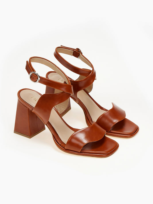 DORE | Πέδιλα Δέρμα Slingback Χοντρό Τακούνι | Κονιάκ