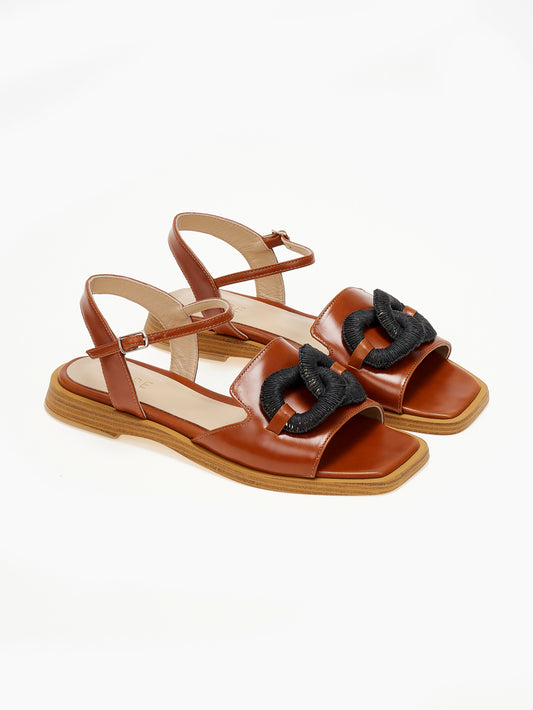 DORE | Πέδιλα Flat με Raffia Διακόσμηση | Ταμπά / Μαύρο